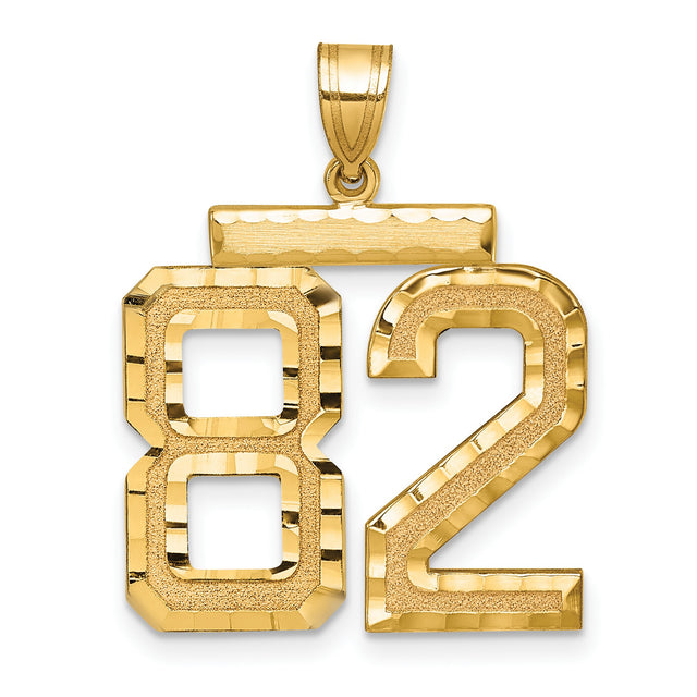 Large Brushed Diamond-cut Number 82 Charm Pendant in Real 14k Yellow Gold