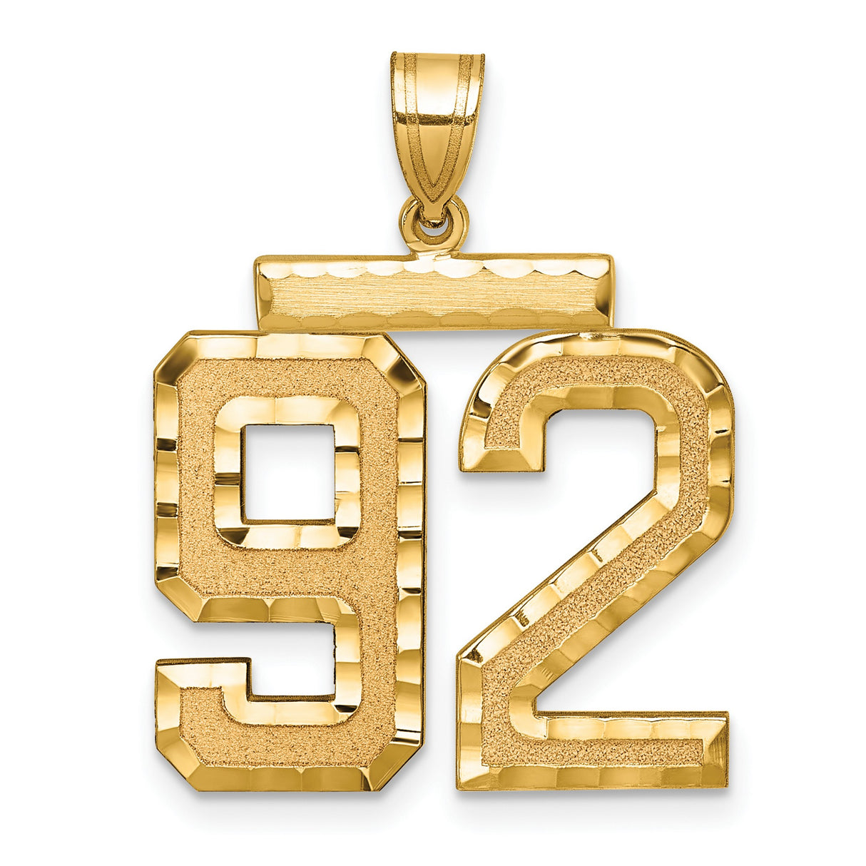 14k Yellow Gold Number 92 Pendant, Polished and Textured Sports Numeral Jewelry