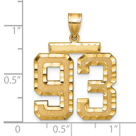 Large Brushed Diamond-cut Number 93 Charm Pendant in Real 14k Yellow Gold