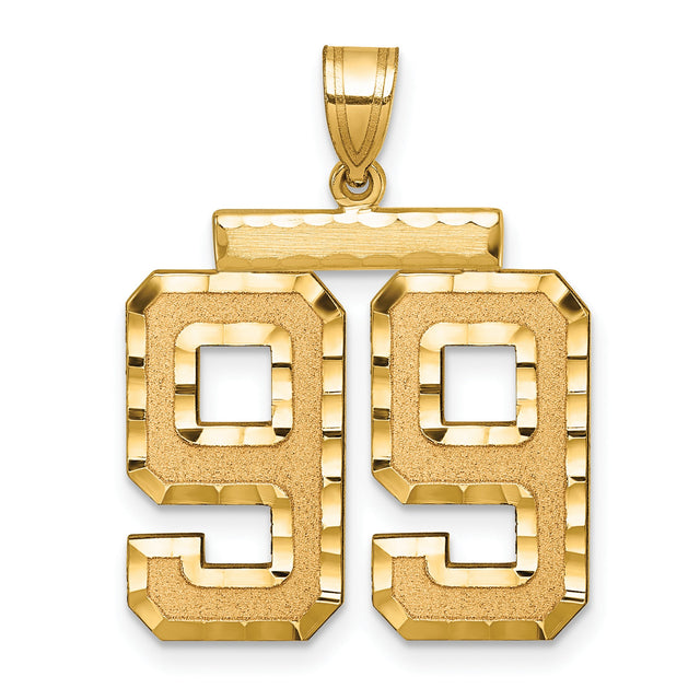 Large Brushed Diamond-cut Number 99 Charm Pendant in Real 14k Yellow Gold