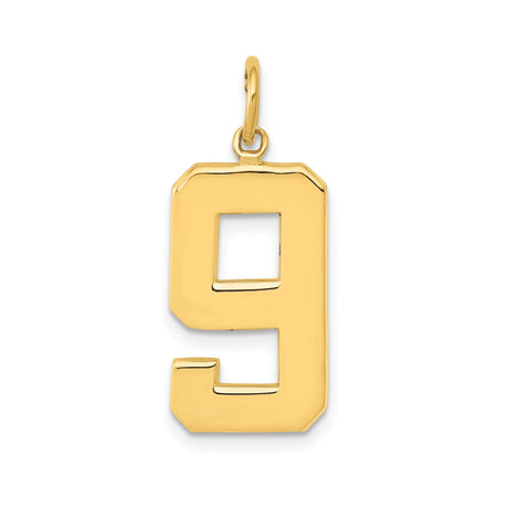 14k Yellow Gold Number 9 Pendant Charm, High Polish Block Style, Unisex Sports Jewelry