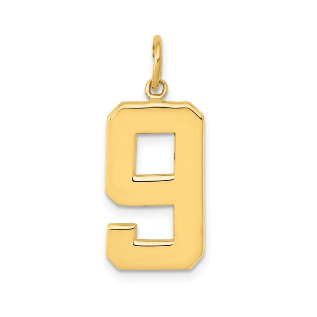 14k Yellow Gold Number 9 Pendant Charm, High Polish Block Style, Unisex Sports Jewelry