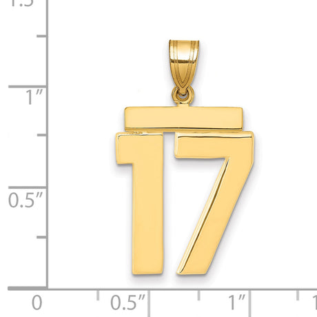 Large Polished Number 17 Charm Pendant in Real 14k Yellow Gold