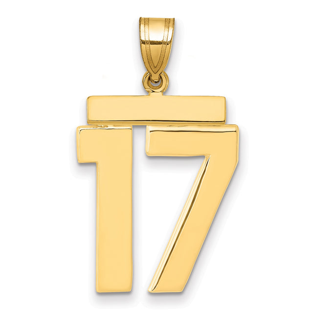 Large Polished Number 17 Charm Pendant in Real 14k Yellow Gold