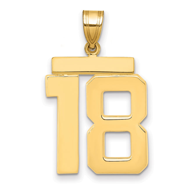 Large Polished Number 18 Charm Pendant in Real 14k Yellow Gold