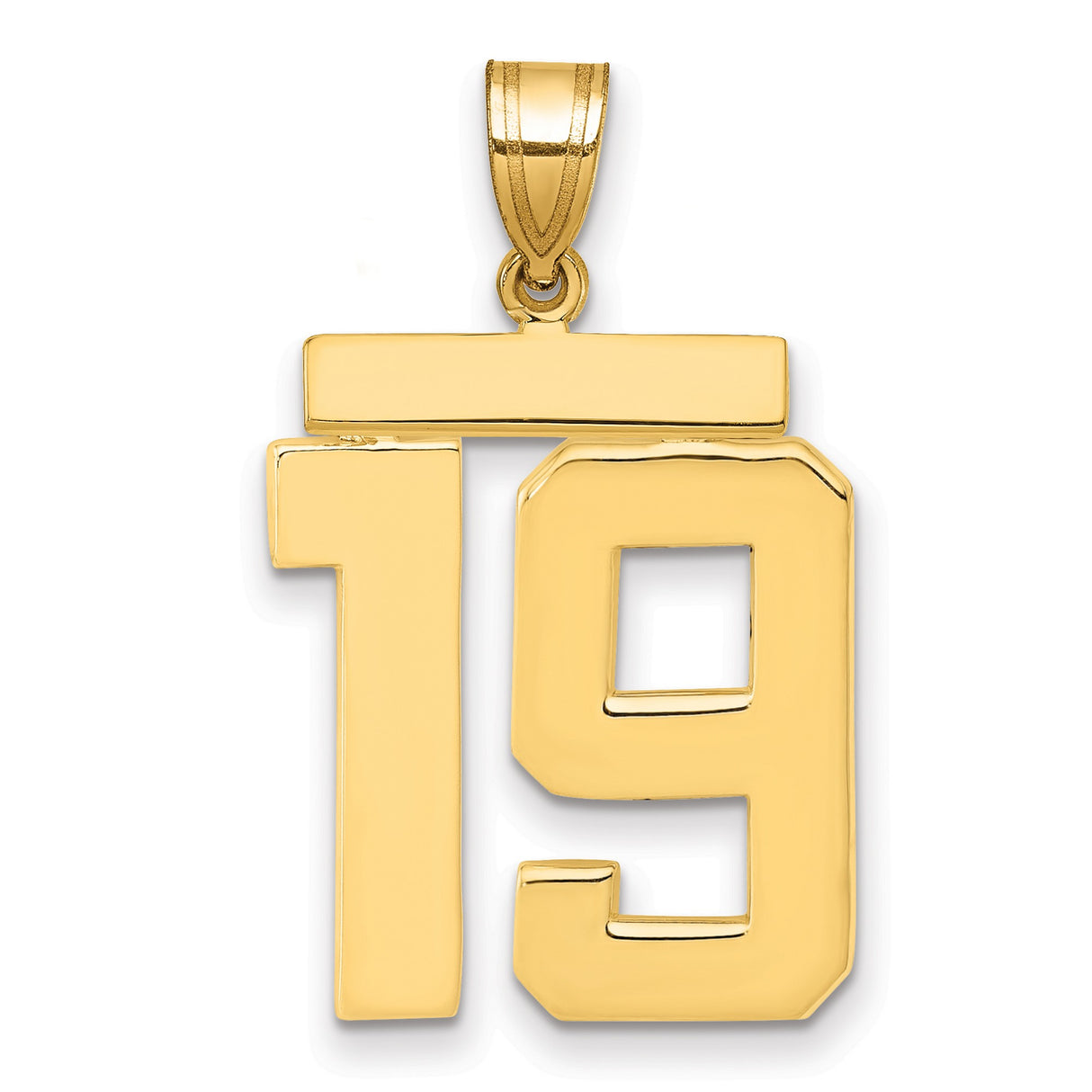 14k Yellow Gold Number 19 Pendant, Bold Block Numerals, Sports Jersey Style Charm
