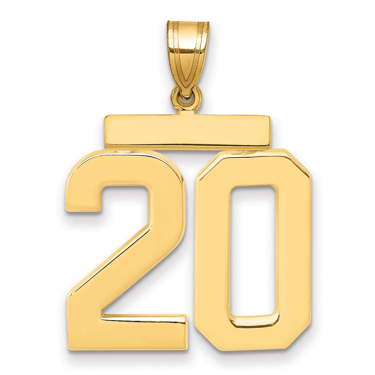 Large Polished Number 20 Charm Pendant in Real 14k Yellow Gold