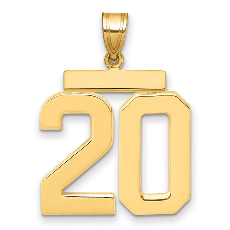 Large Polished Number 20 Charm Pendant in Real 14k Yellow Gold