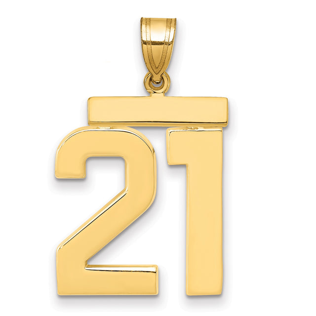 14k Yellow Gold Number 21 Pendant, Bold Modern Numerals Milestone Charm for Men or Women