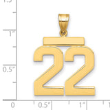 Large Polished Number 22 Charm Pendant in Real 14k Yellow Gold