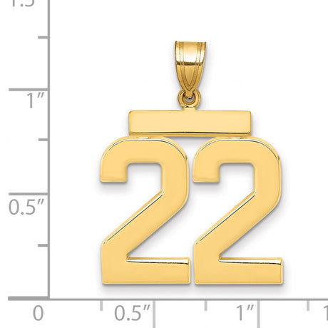 Large Polished Number 22 Charm Pendant in Real 14k Yellow Gold