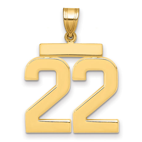 Large Polished Number 22 Charm Pendant in Real 14k Yellow Gold