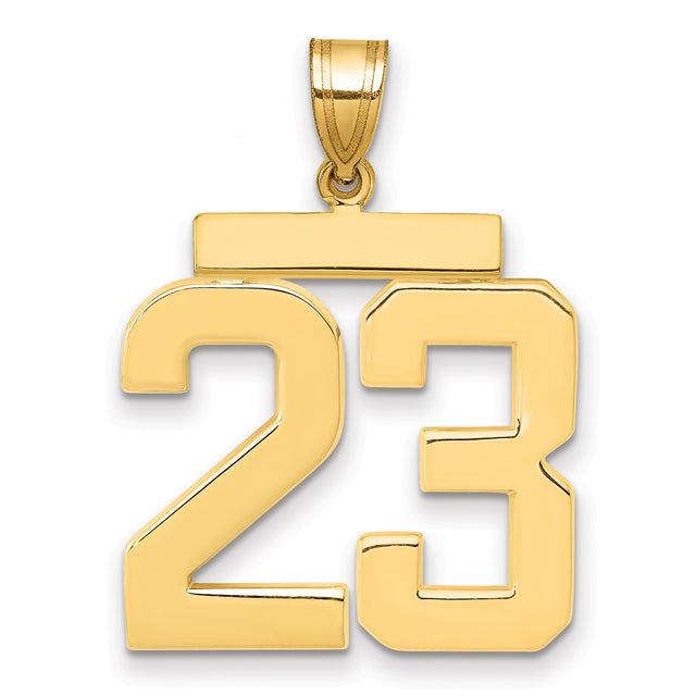 Large Polished Number 23 Charm Pendant in Real 14k Yellow Gold