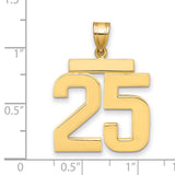 Large Polished Number 25 Charm Pendant in Real 14k Yellow Gold