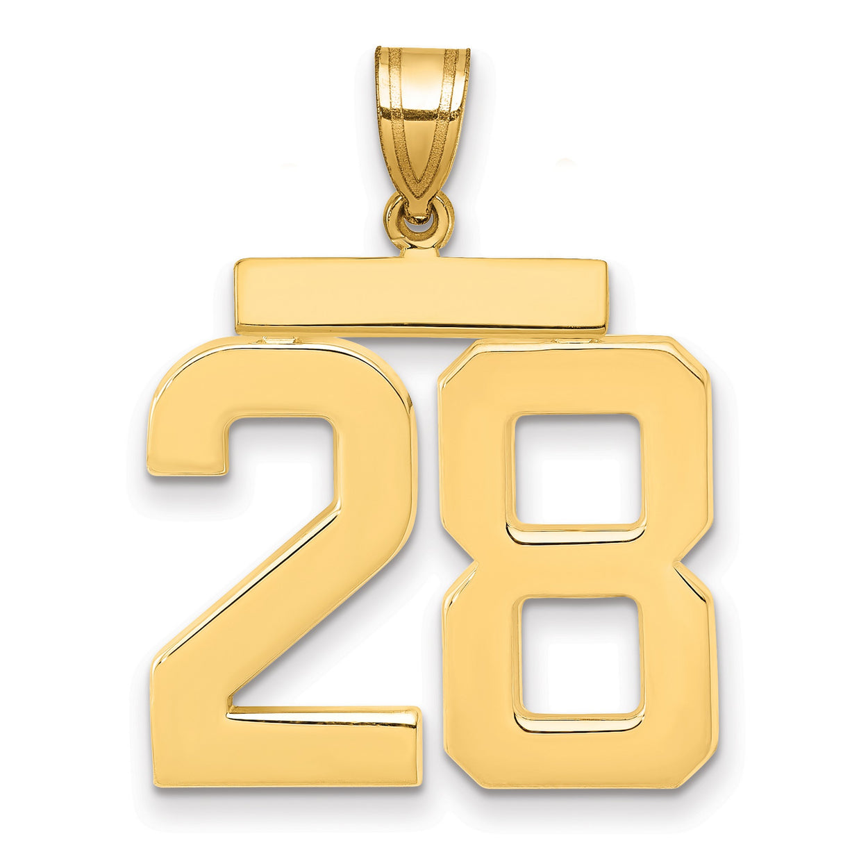 Large Polished Number 28 Charm Pendant in Real 14k Yellow Gold