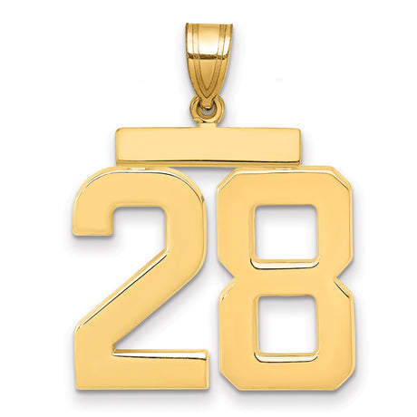 Large Polished Number 28 Charm Pendant in Real 14k Yellow Gold