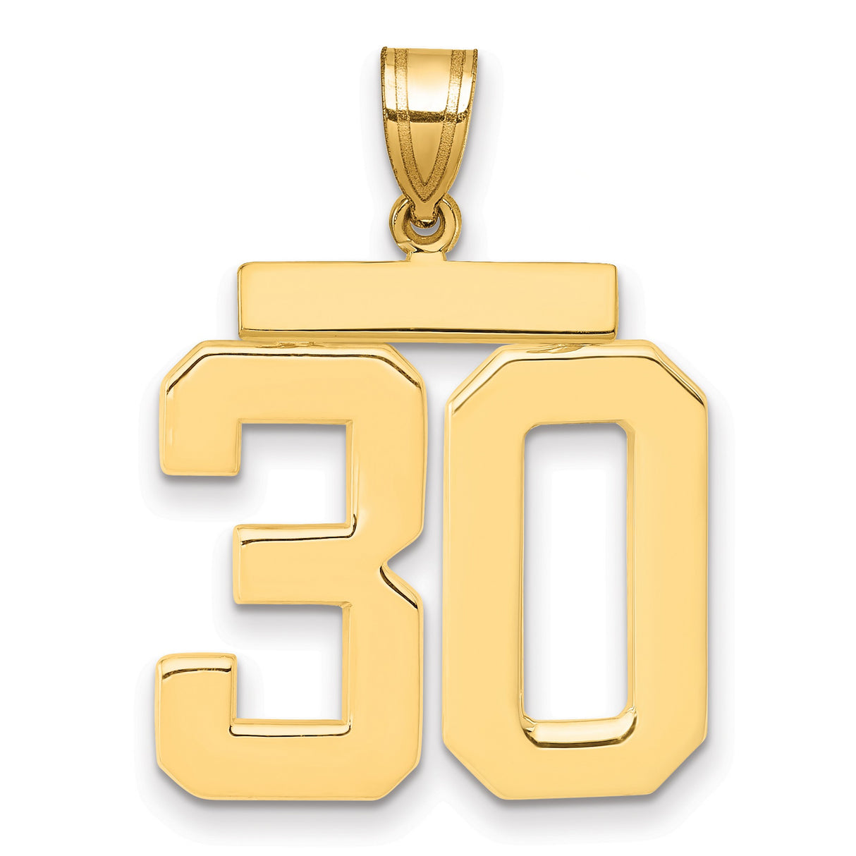 Large Polished Number 30 Charm Pendant in Real 14k Yellow Gold