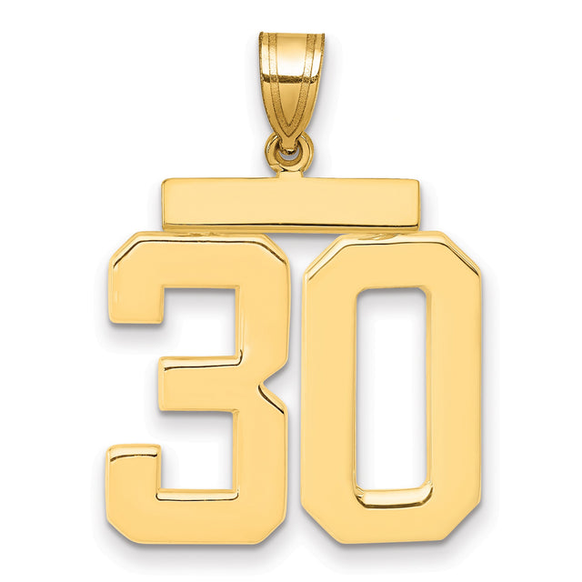 Large Polished Number 30 Charm Pendant in Real 14k Yellow Gold