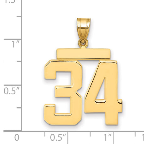 14k Yellow Gold Number 34 Pendant, Bold Block Style Athletic Charm for Men or Unisex
