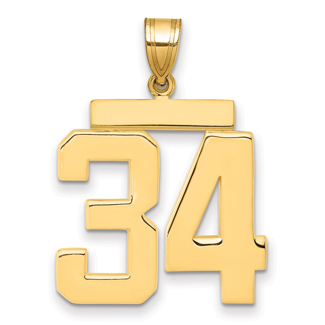 14k Yellow Gold Number 34 Pendant, Bold Block Style Athletic Charm for Men or Unisex