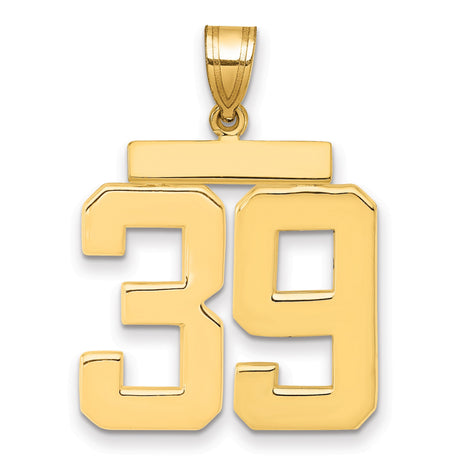 Large Polished Number 39 Charm Pendant in Real 14k Yellow Gold