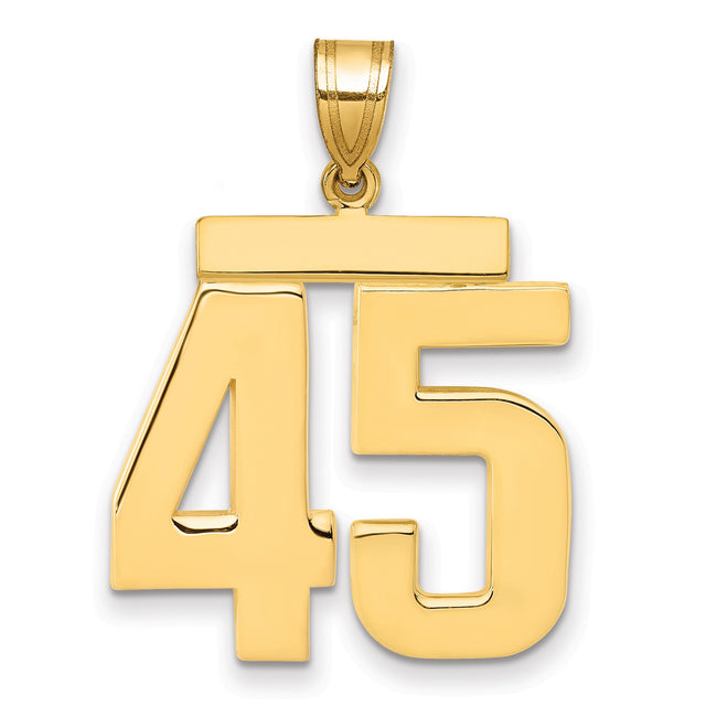 Large Polished Number 45 Charm Pendant in Real 14k Yellow Gold