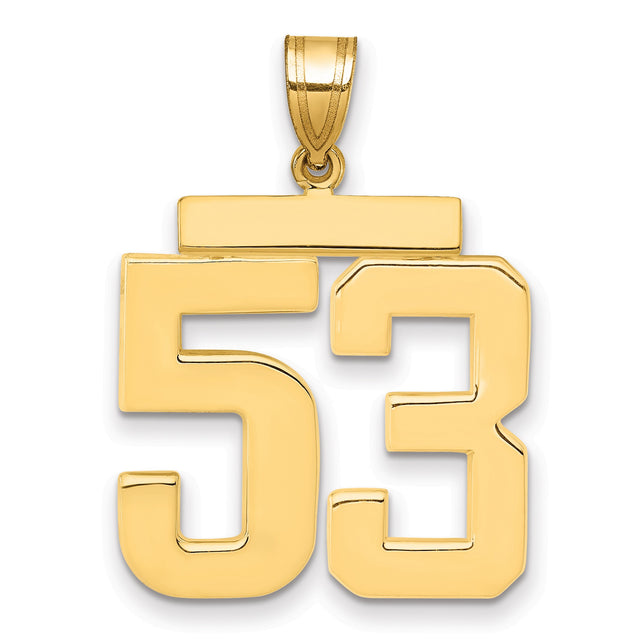 Large Polished Number 53 Charm Pendant in Real 14k Yellow Gold