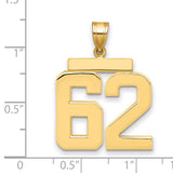 Large Polished Number 62 Charm Pendant in Real 14k Yellow Gold