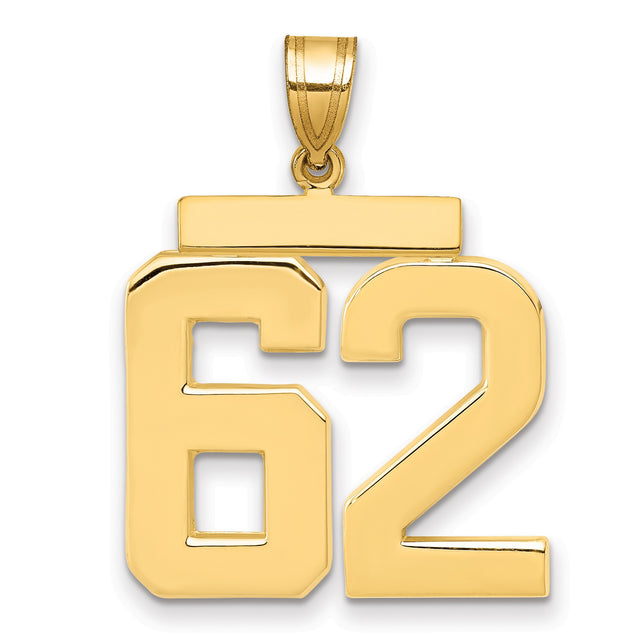 Large Polished Number 62 Charm Pendant in Real 14k Yellow Gold