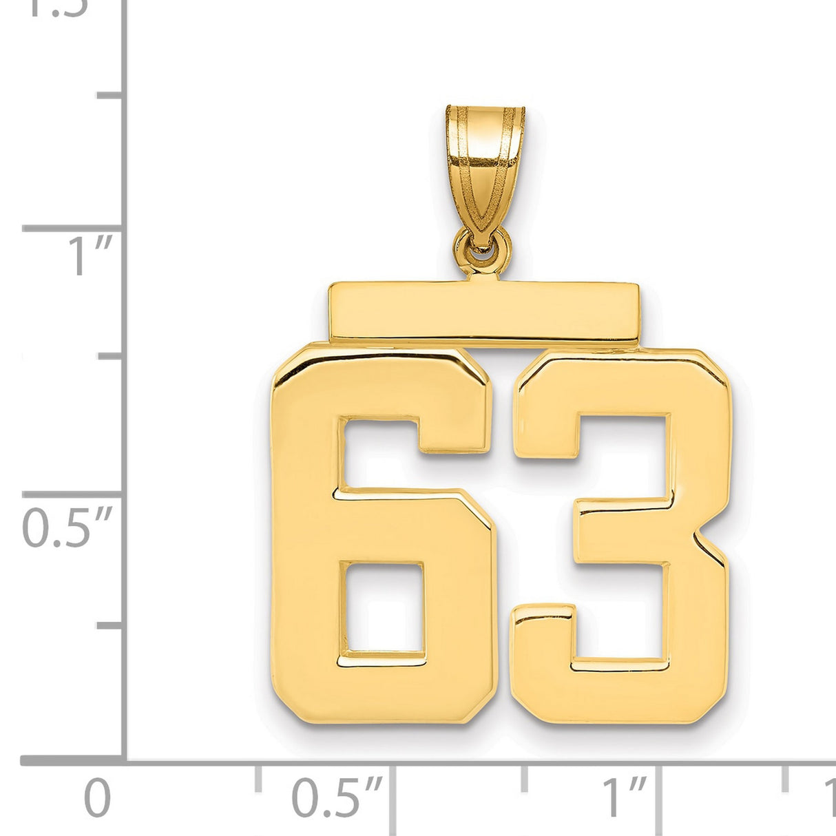 Large Polished Number 63 Charm Pendant in Real 14k Yellow Gold