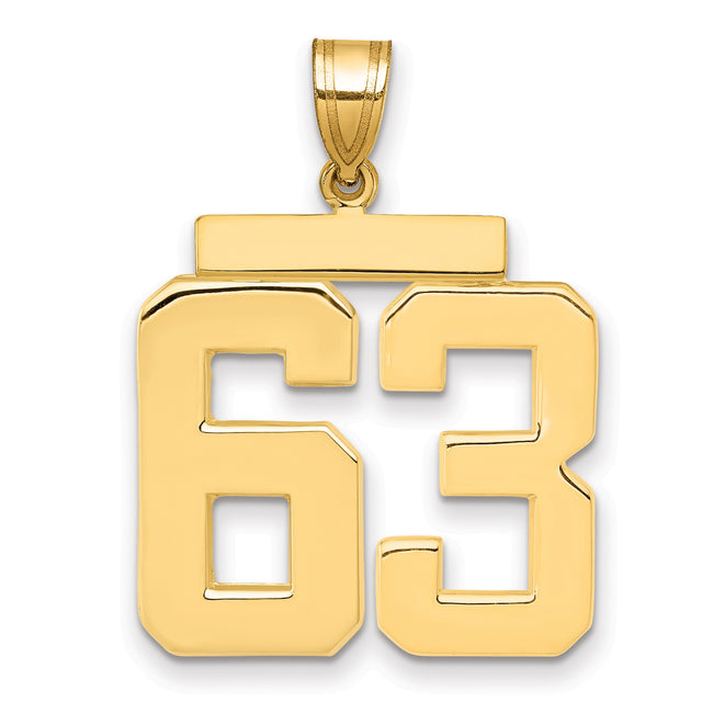 Large Polished Number 63 Charm Pendant in Real 14k Yellow Gold
