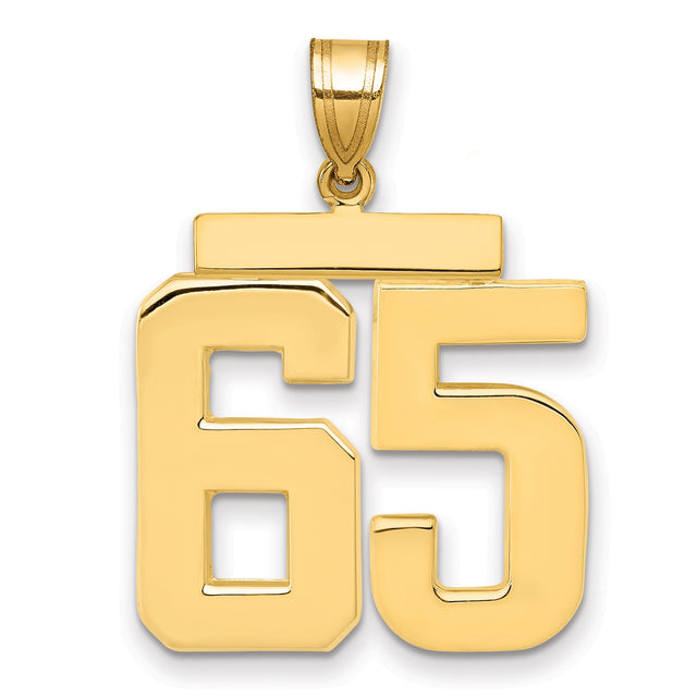 Large Polished Number 65 Charm Pendant in Real 14k Yellow Gold