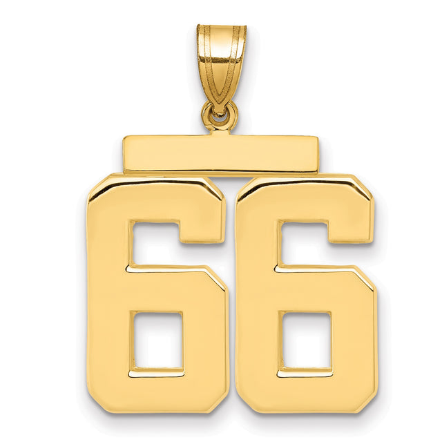 Large Polished Number 66 Charm Pendant in Real 14k Yellow Gold