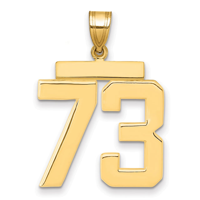 Large Polished Number 73 Charm Pendant in Real 14k Yellow Gold