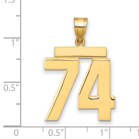 Large Polished Number 74 Charm Pendant in Real 14k Yellow Gold