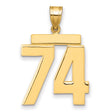 Large Polished Number 74 Charm Pendant in Real 14k Yellow Gold
