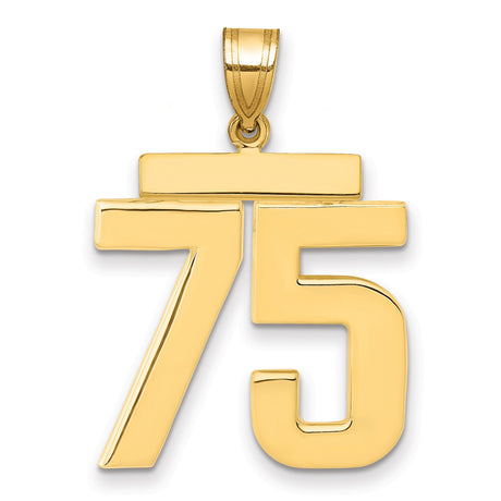 Large Polished Number 75 Charm Pendant in Real 14k Yellow Gold