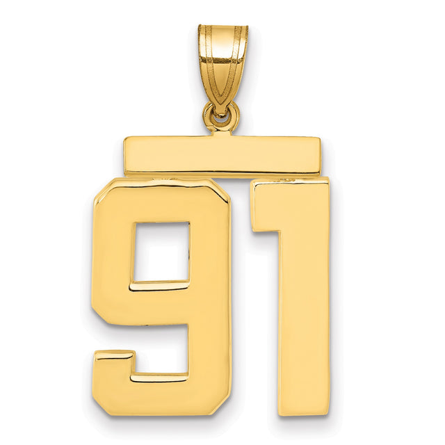 Large Polished Number 91 Charm Pendant in Real 14k Yellow Gold
