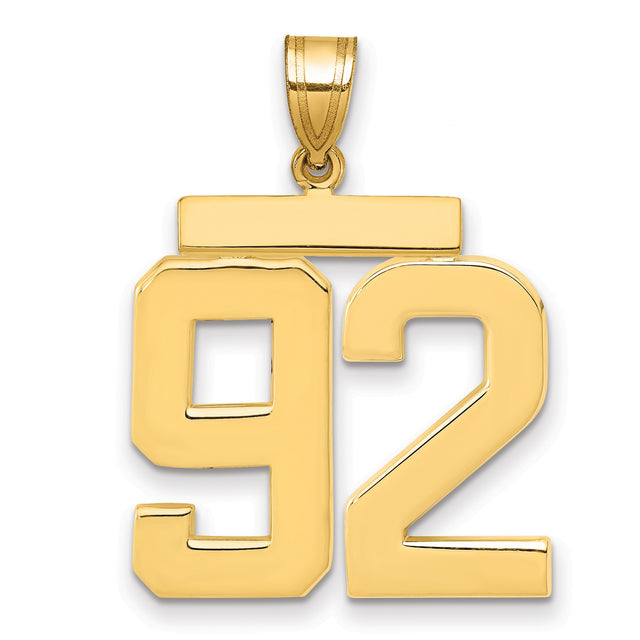 Large Polished Number 92 Charm Pendant in Real 14k Yellow Gold