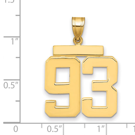 Large Polished Number 93 Charm Pendant in Real 14k Yellow Gold