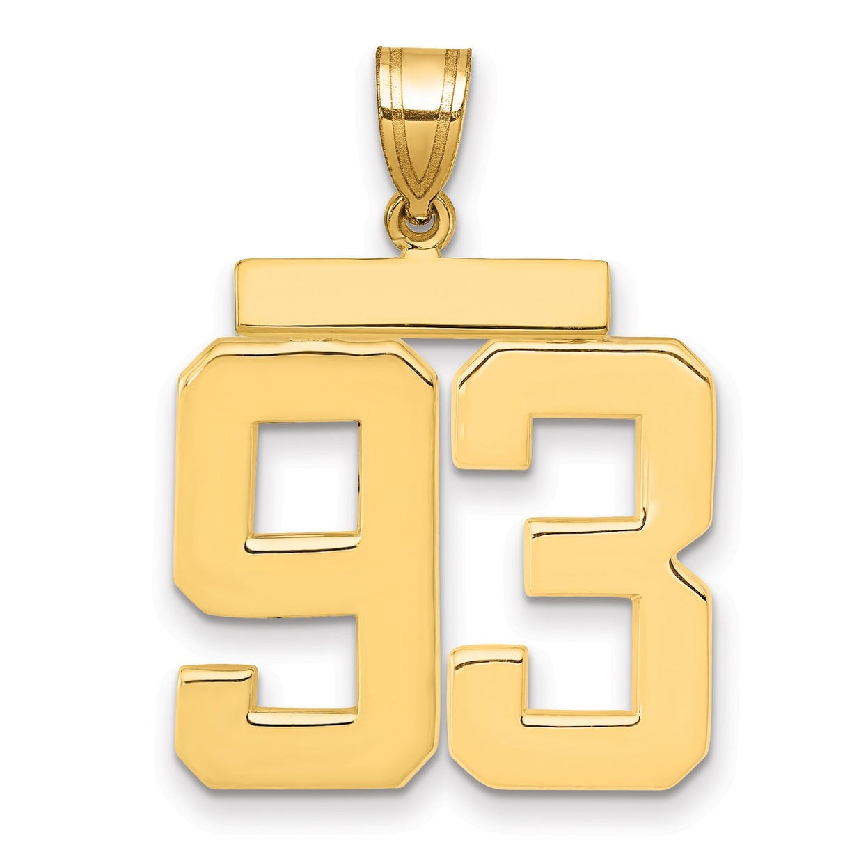 Large Polished Number 93 Charm Pendant in Real 14k Yellow Gold