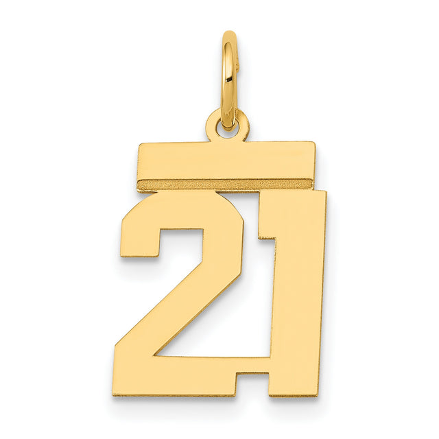 14k Yellow Gold Number 21 Pendant, Polished Milestone Charm for Men and Women