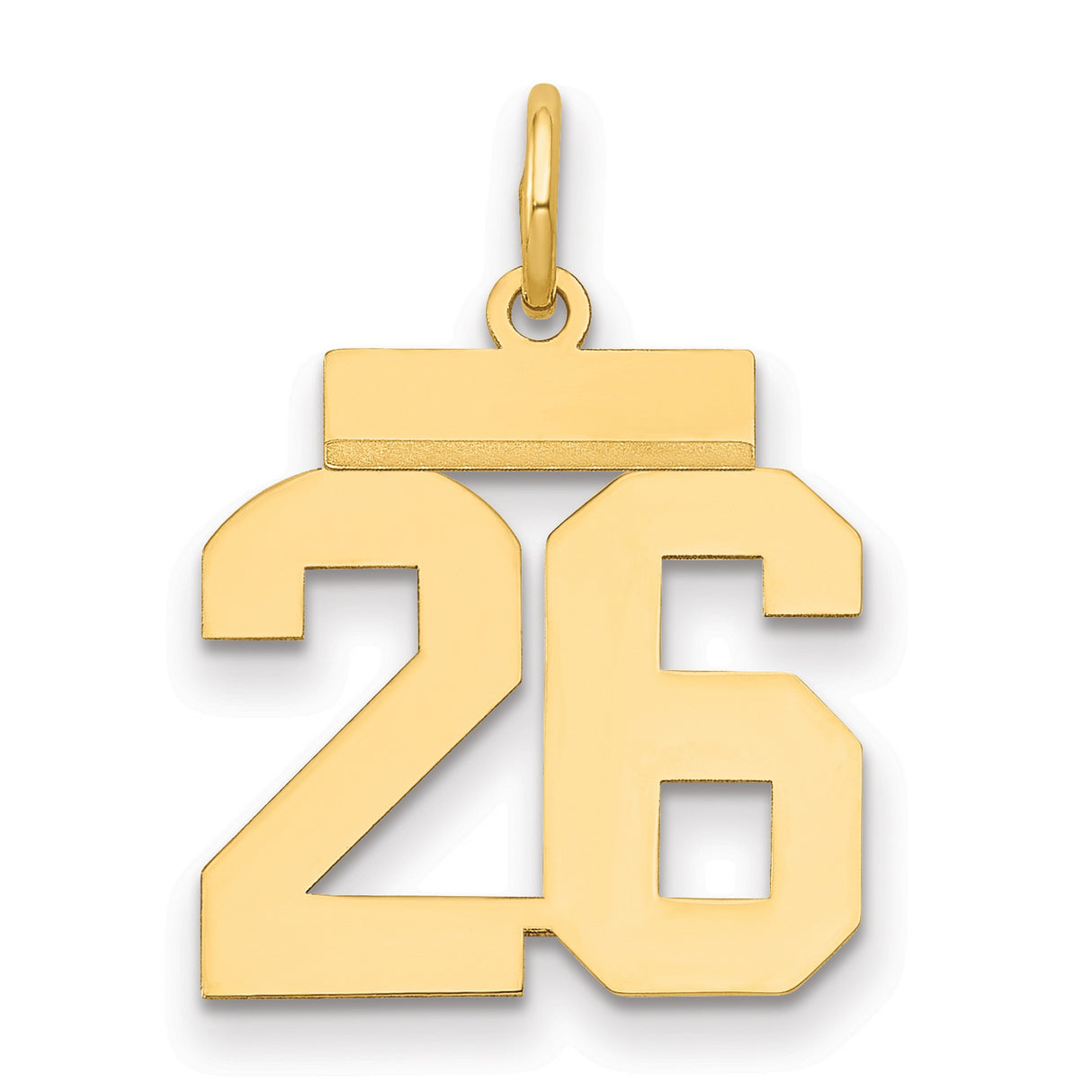 14k Yellow Gold Number 26 Pendant, Bold Block Style Sports Charm
