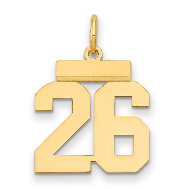 14k Yellow Gold Number 26 Pendant, Bold Block Style Sports Charm