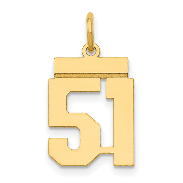 Small Polished Number 51 Charm Pendant in Real 14k Yellow Gold