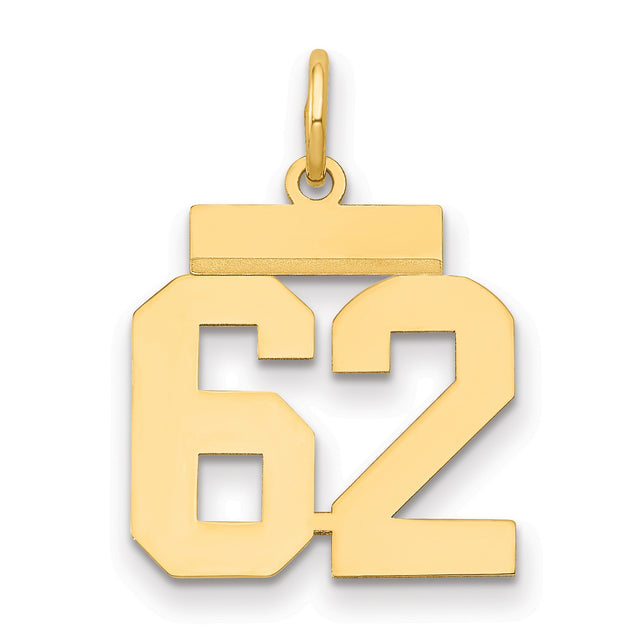 Small Polished Number 62 Charm Pendant in Real 14k Yellow Gold