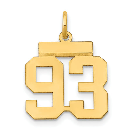 Small Polished Number 93 Charm Pendant in Real 14k Yellow Gold