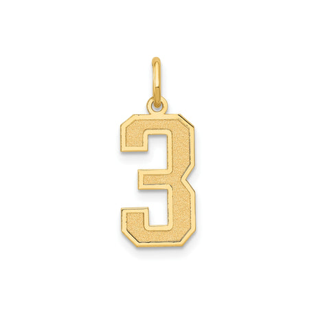 14k Yellow Gold Number 3 Pendant with Textured Block Design, Unisex Sports Style Charm