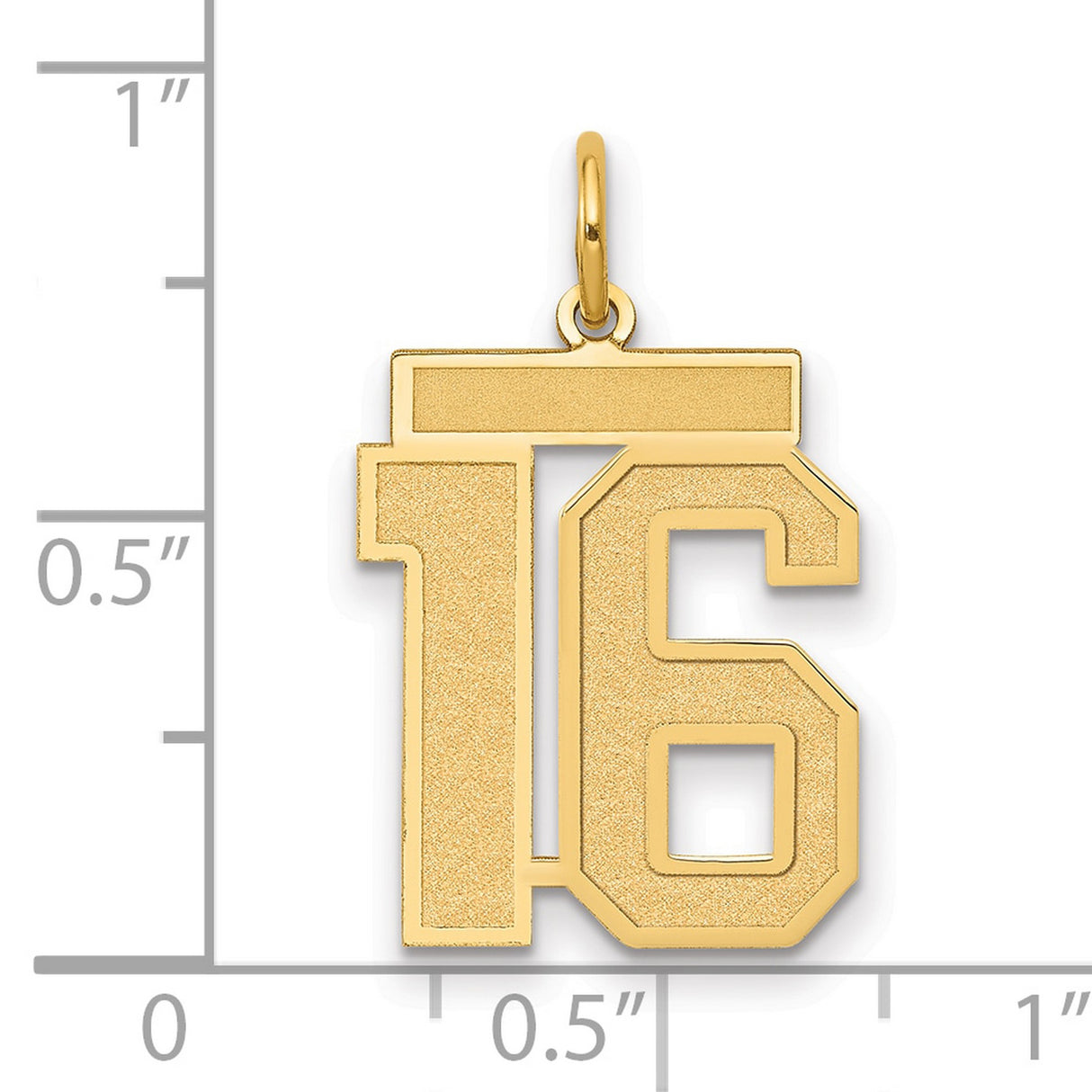 14k Yellow Gold Number 16 Pendant, Textured and Polished Bold Block Font, Unisex Sports Charm