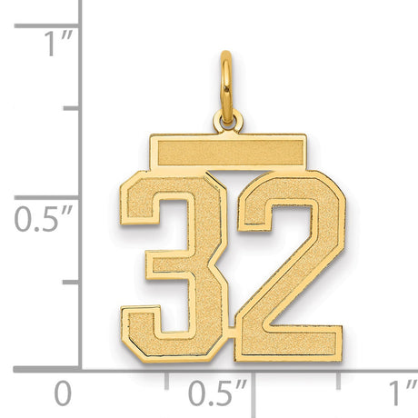 Medium Satin Number 32 Charm Pendant in Real 14k Yellow Gold
